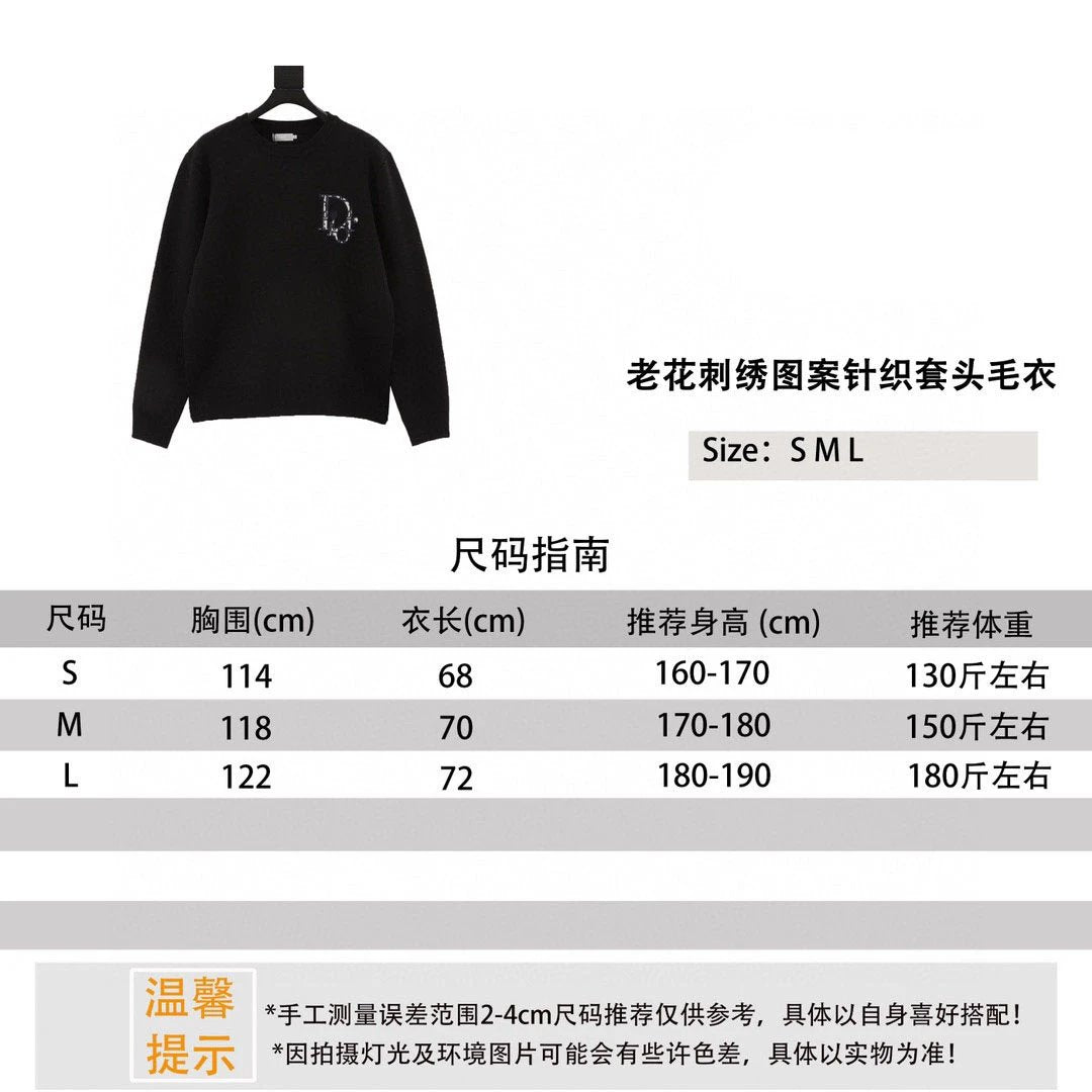 Dior Sweater Presbyopic Embroidery Pattern Knitted Pullover Sweater Same Style for Men and Women