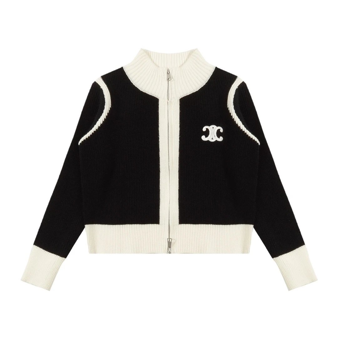 Celine Jackets 3ss Arc de Triomphe Black and White Color Block Short Zipper Knit Cardigan Coat for Women Same Style Outerwear Long Sleeve Soft Lazy Style OS Loose Fit Thickened Versatile Casual Wear for Both Inner and Outer Layering