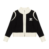 Celine Jackets 3ss Arc de Triomphe Black and White Color Block Short Zipper Knit Cardigan Coat for Women Same Style Outerwear Long Sleeve Soft Lazy Style OS Loose Fit Thickened Versatile Casual Wear for Both Inner and Outer Layering