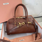 Miu Miu Bag Top version 【Original Leather Version Surrogate Shopping】MiuAventureNappa Small Size Leather Handbag Shell Bag2024Autumn and Winter New Bowling Bag Genuine Leather Women's Bag Shoulder Bag Messenger Bag