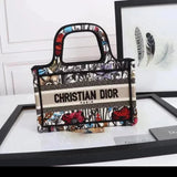 Dior Women's Bag Top version 【Pure Original Surrogate Shopping Grade Fabric】New Version Horizontal Pattern D Arc Seiko New booktotemini Mini Tote Bag Presbyopic Purplish Blue Wine Red Shopping Bag Purplish Blue Claret Embroidery Mini Women's Bag Shoulder