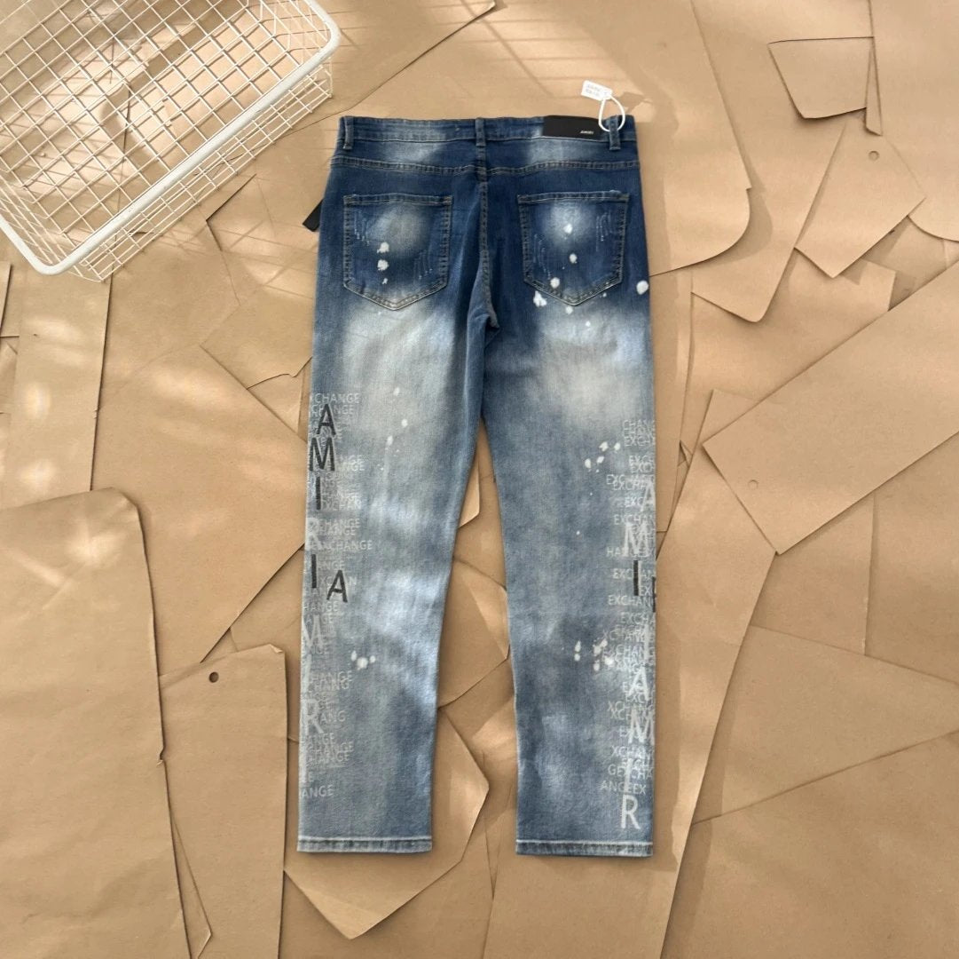 Amiri Jeans Front and back ink-splashed letters logo25ss Spring Summer New Straight Leg Jeans Unisex Slim Fit Long Pants Loose