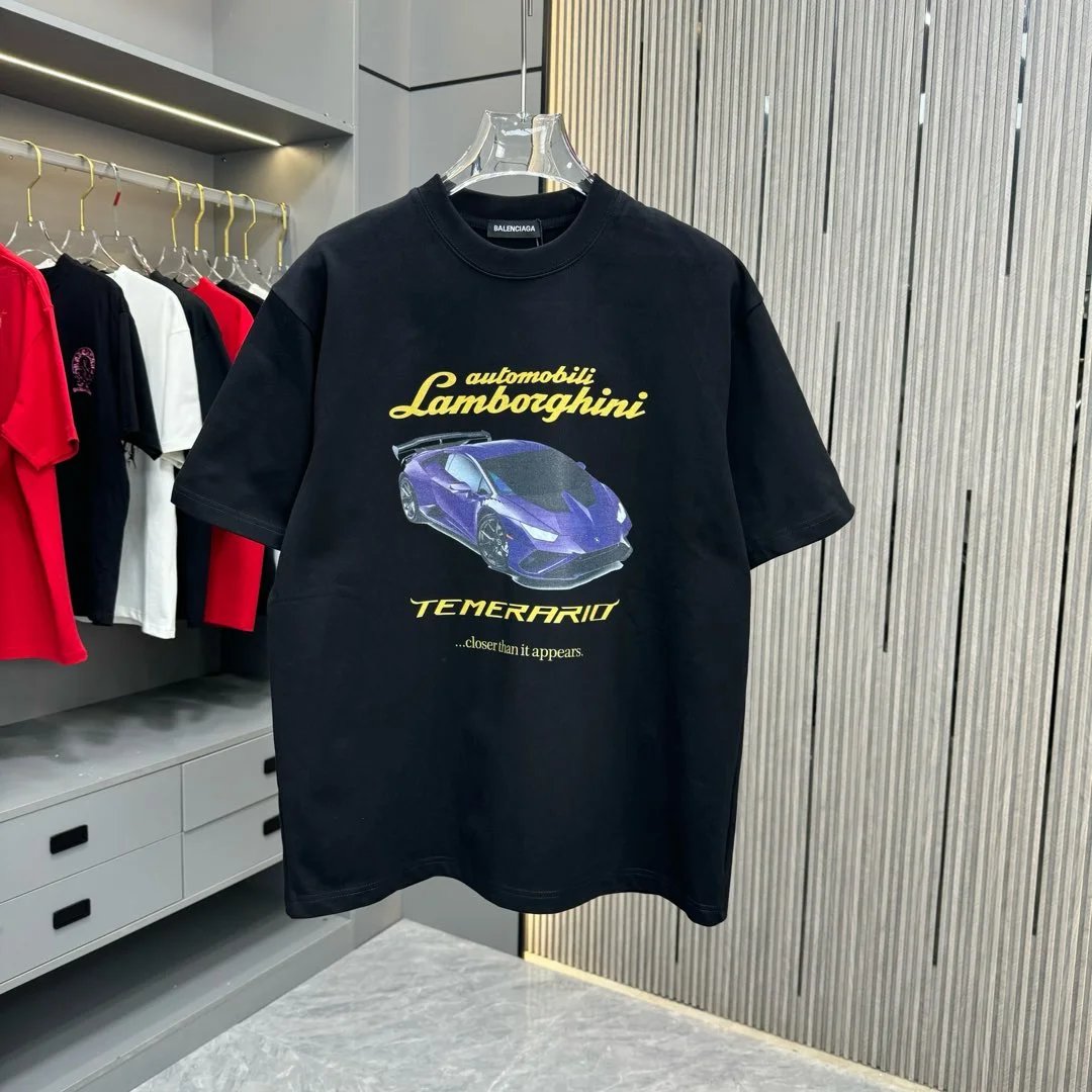 Balenciaga T-shirt Front Racing Car Print logo round Neck Short Sleeve25ss New Pure Cotton Unisex Style T Casual T-Shirt Base Layer Shirt OS Loose Fit Half Sleeve Top Plus Size