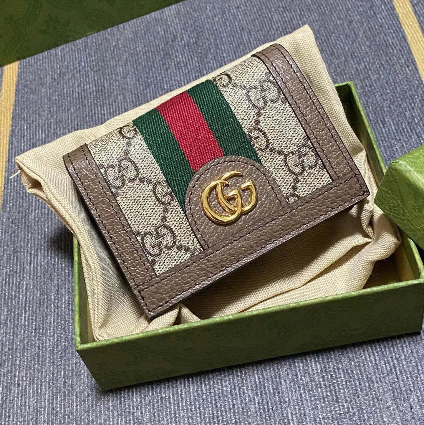 Gucci Wallet Top version Ophidia Series Small Card Holder Wallet Women's Short Wallet Card Clamp Short Wallet Women's Wallet Uses Advanced Artificial Canvas with Iconic Patterns and Stripe Braid