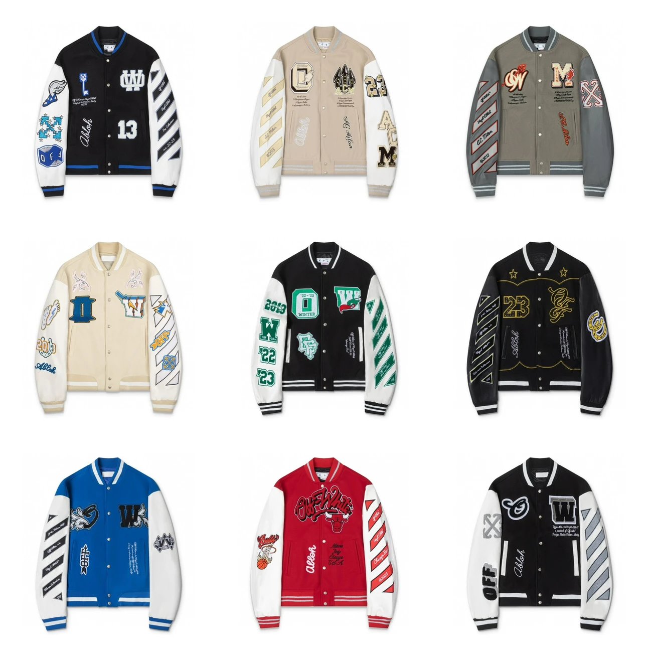 OFF-White Jackets Top Version Spring and Autumn Fashion Brand Fashion Letter Embroidery Baseball Uniform Men's and Women's Same Cartoon Rhinestone Long-Sleeved Casual Jacket