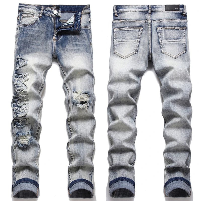 Amiri Jeans New Foreign Trade Style Fashion Blue with Holes Paste Cloth Embroidery Elastic Mid-Waist Feet Men's Jeans