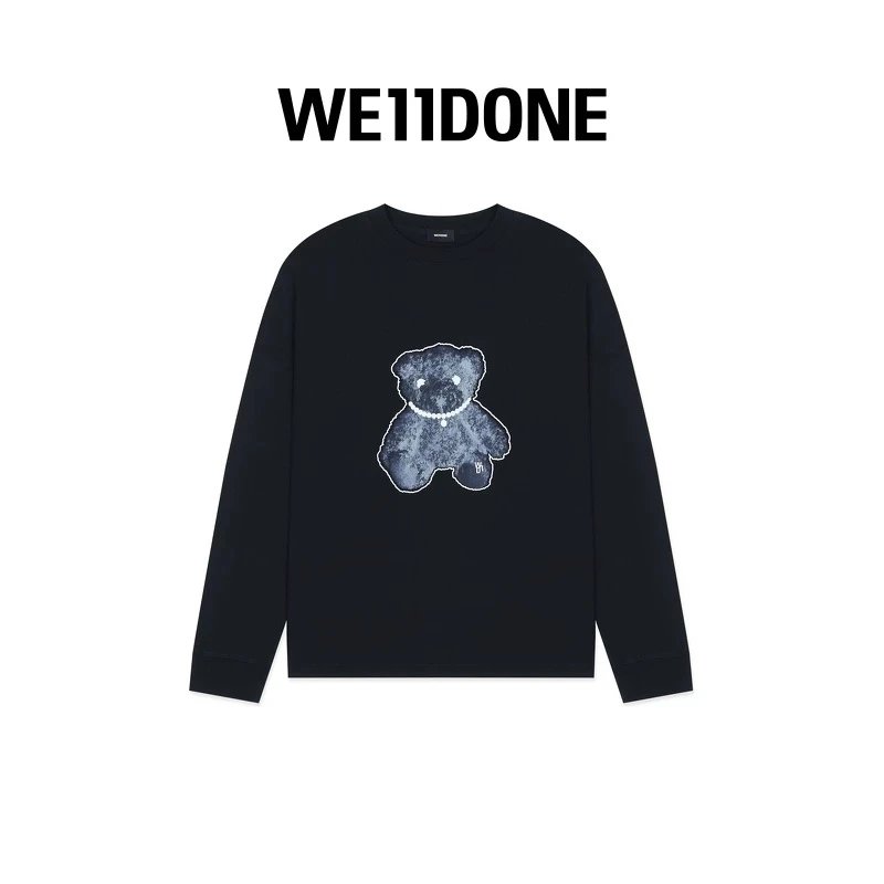 We11done Hoodie Top Version Neutral Men's and Women's Same Autumn and Winter New Pearl Necklace Pattern Bear Printed Black Long Sleeve T