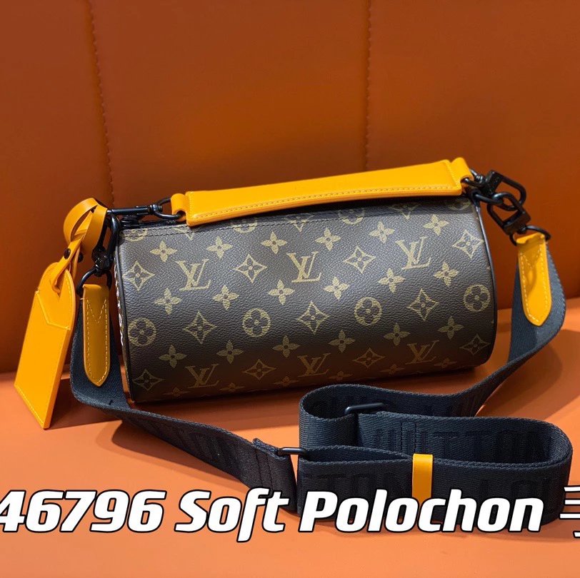 Louis Vuitton LV Men's Bag Top version New Sunset Orange Yellow Leather round Bag round Drum Bag Papillon Cylinder Men's Shoulder Messenger Handbag Pillow Bag Papillon Small Size Black Flower Chessboard Plaid Black Plaid Yellow Flower