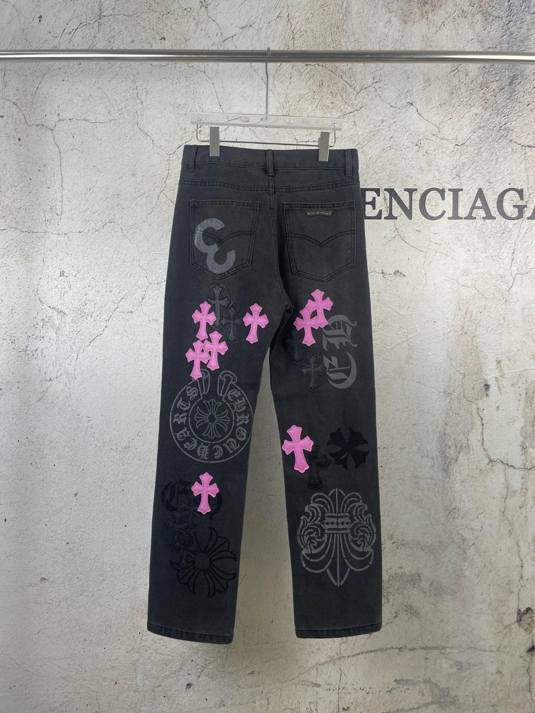 Chrome Hearts Jeans Spray Painting Purple Leather Limited Edition Straight Jeans Autumn and Winter New Men's and Women's Same Long Pants Loose Casual Wide Leg High Waist