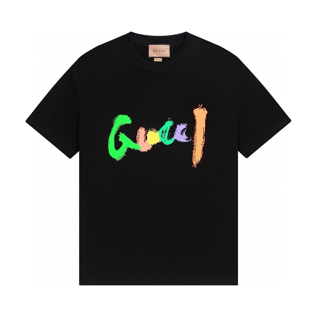 Gucci T-shirt Colorful Letter Print on the Chest logo round Neck Short Sleeve25ss New pure cotton T Unisex T-Shirt OS Drop Shoulder Loose Fit Base Shirt Top T-Shirt Short Sleeve