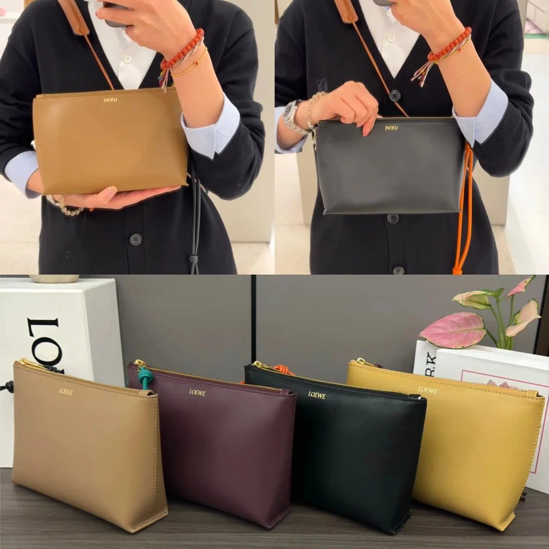 LOEWE Women's Bag Top version 【Super Original Leather】24New Clutch Glossy Napa Cow Leather KnotT Glossy Napa Cow Leather Clutch，Decorative Contrast Color Bends and Hitches Zipper Head and Wrist Strap Luo Jia New Men's Clutch Storage Bag Mobile Phone Bag W