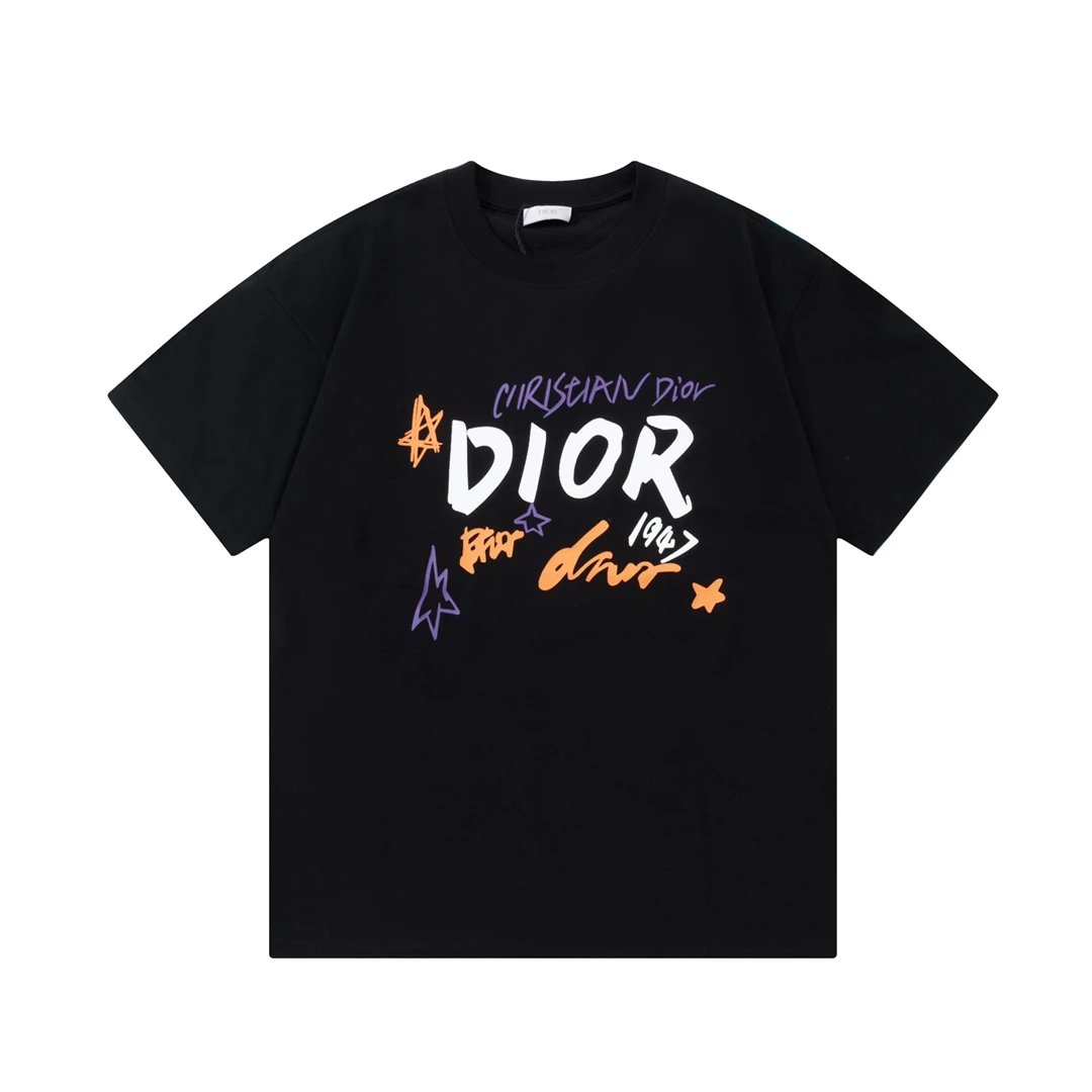 Dior T-shirt Chest Letter Graffiti Print logo round Neck Short Sleeve25ss New pure cotton T Unisex T-Shirt OS Loose Fit Base Shirt Top Half Sleeve T-Shirt