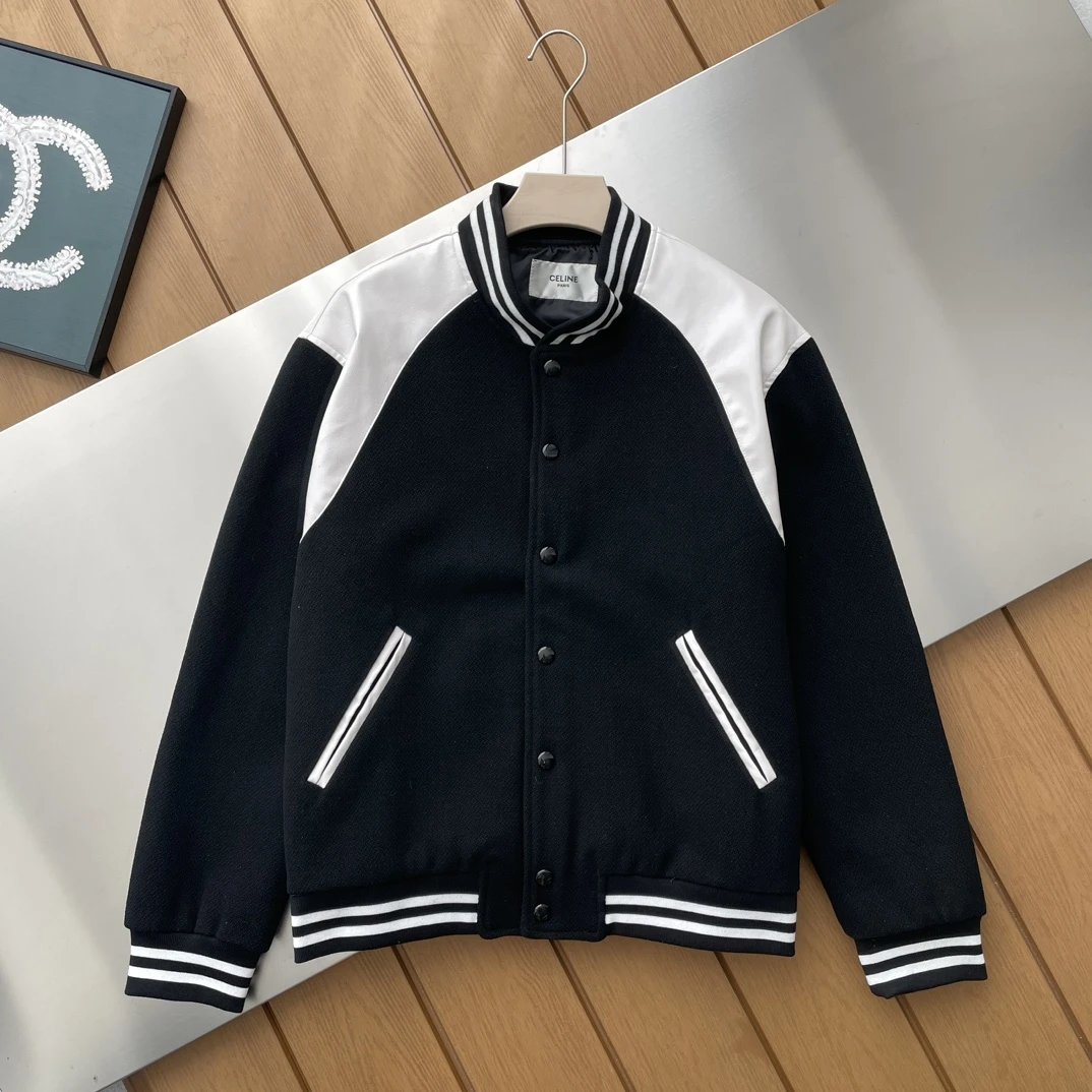 Celine Jackets Corduroy Preppy Style Jacket Coat Black and White Contrast Color Short Coat Towel Embroidery American Letter Men and Women Street Cotton Padded Thickened