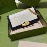 Gucci Wallet Top version 【Genuine Goods Leather Products】2022New WOC Envelope Package Chain Bag Long Wallet Brand New Cowhide Embossed Double Glogo Long Wallet Unisex Wallet
