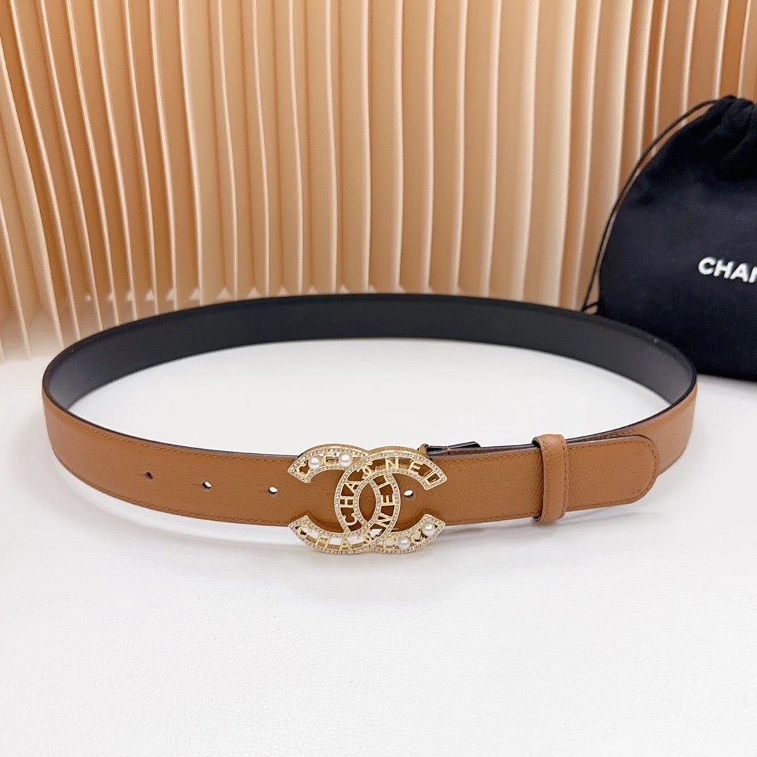 Chanel Belt Women's Belt Belt3.0cm Official Website New，Double-Sided Head Layer Cowhide Leather，Length：.75.80.85.90.95.100Europe，Copper Hardware Drill Buckle Original Mold Opening Customization