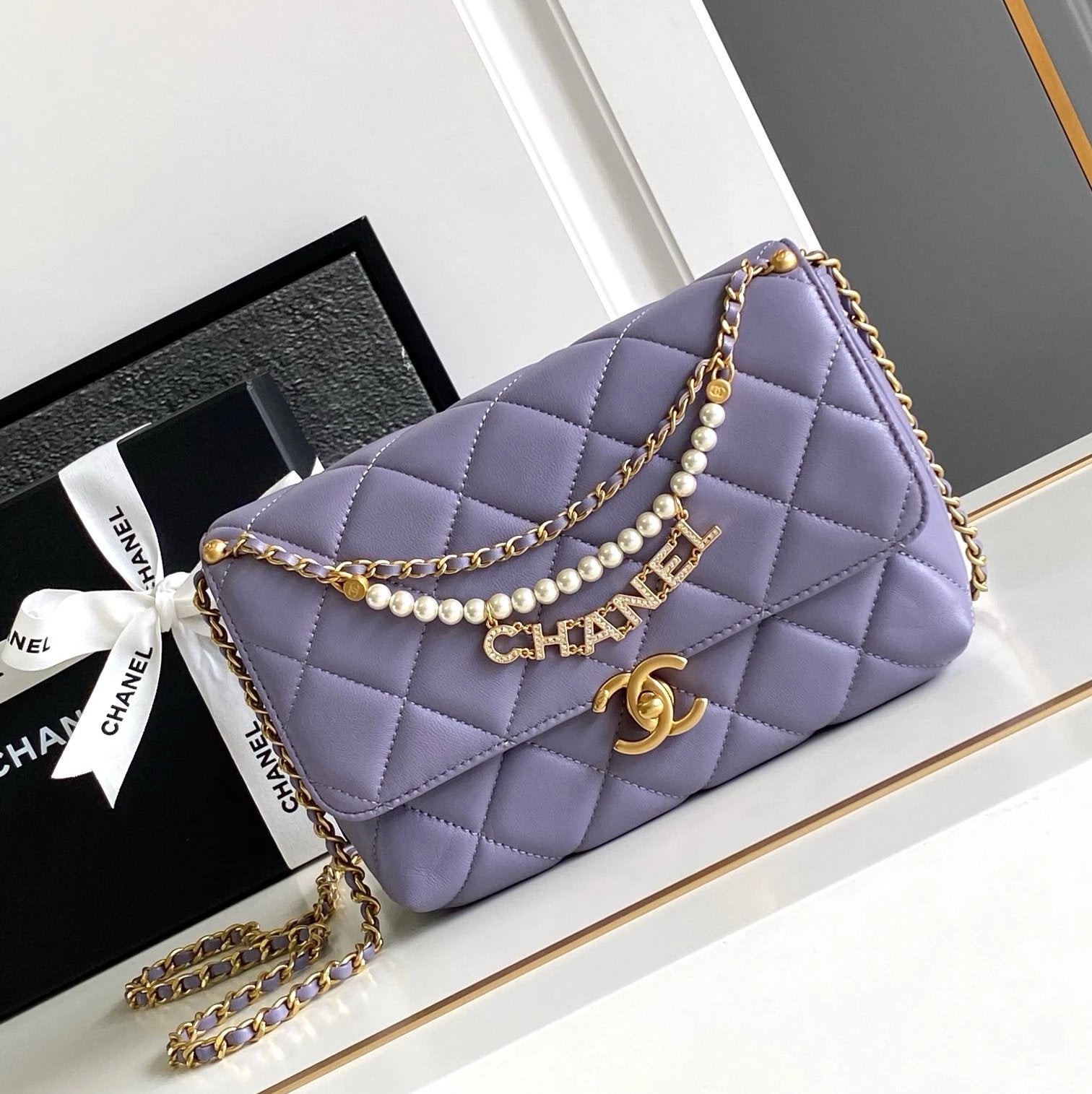 Chanel Women's Bag Top version 【Premium Original Leather】24A Pearl Chain Bag Rhinestone Letters Pendant CF Fang Fat Man Flap Bag24a Pearl Bag Pearl Chain Square Fat Original Lamb Skin Pearl Chain Flap Bag