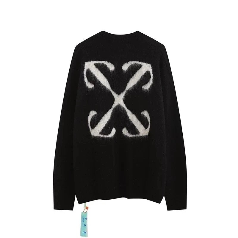 OFF-White Sweater Top Version Verified Quality Sweater Pullover Black and White Arrow Gradient Mohair Autumn and Winter Rendering Knitted Men and Women