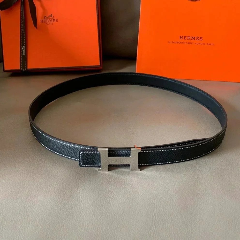 Hermes Belt Top version High Quality Women's Belt First Layer Calfskin Double-Sided Letters h Buckle Casual All-Match Belt2.4cm