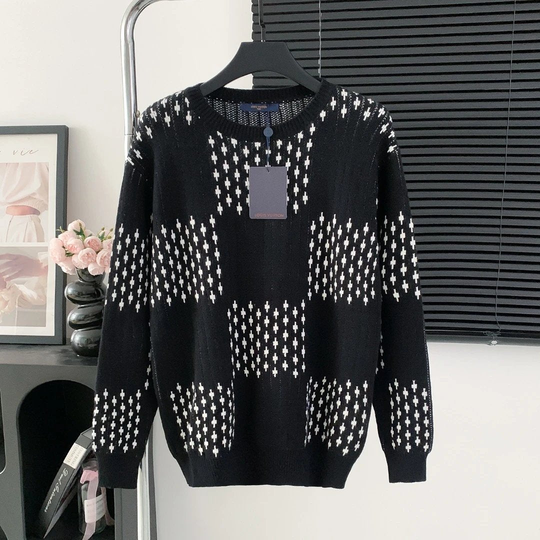 Louis Vuitton LV Sweater Double Thread Jacquard Round Neck Sweater25ss Spring New Thickened Long Sleeve Pullover Unisex OS Loose Fit Top Versatile Casual Jacket Lazy Style