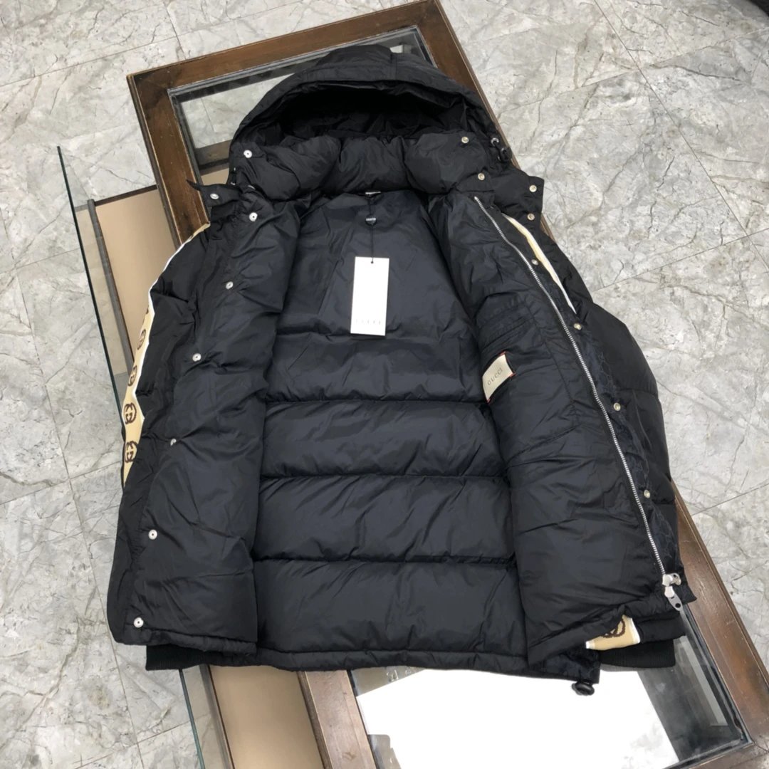 Gucci Down Jacket Reflective Webbing Hooded Down Jacket90White Goose Down Short Casual Loose Jacket with Detachable Stand Collar for Men and Women24ss New Winter Products