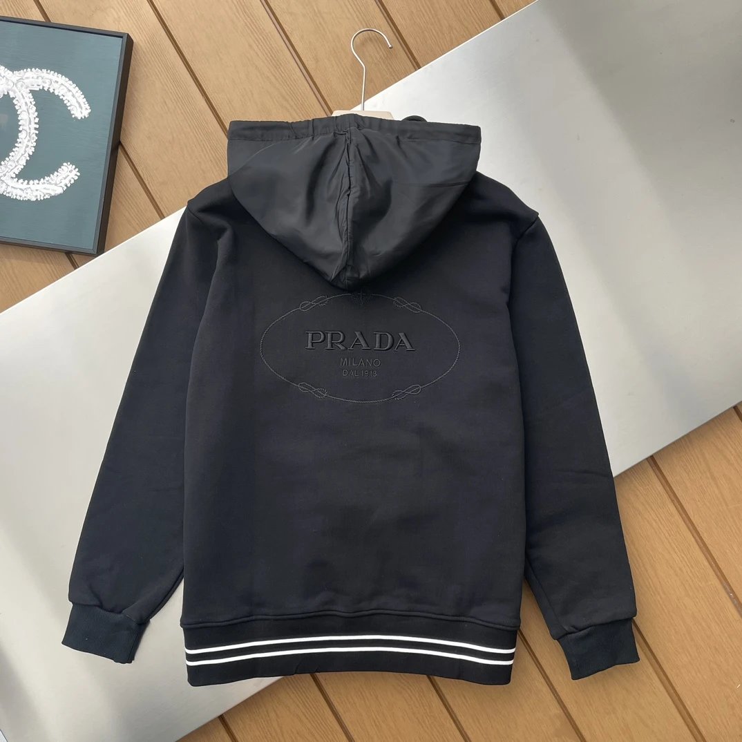 PRADA Hoodie Minimalist Embroidered Cotton Zipper Hoodie Sweatshirt Unisex Sports Casual OS Loose fit versatile style