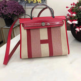 Hermes men's bag Top version 【H Handmade】Canvas Bag herbag31Canvas Stitching Leather One Shoulder Women's Crossbody Handbag Elephant Gray Electric Light Blue