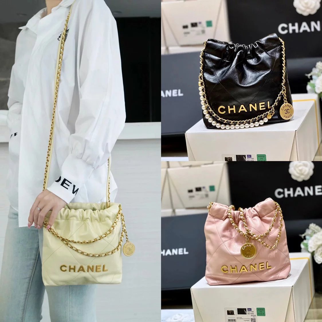 Chanel Women's Bag Top version 【**Original Leather】Goose23s New mini22bag Garbage Bag New Color Chick Yellow Pearl Bag Small Bookbag Bucket Bag22bagmini Size Black Silver Cherry Blossom Pink New Color