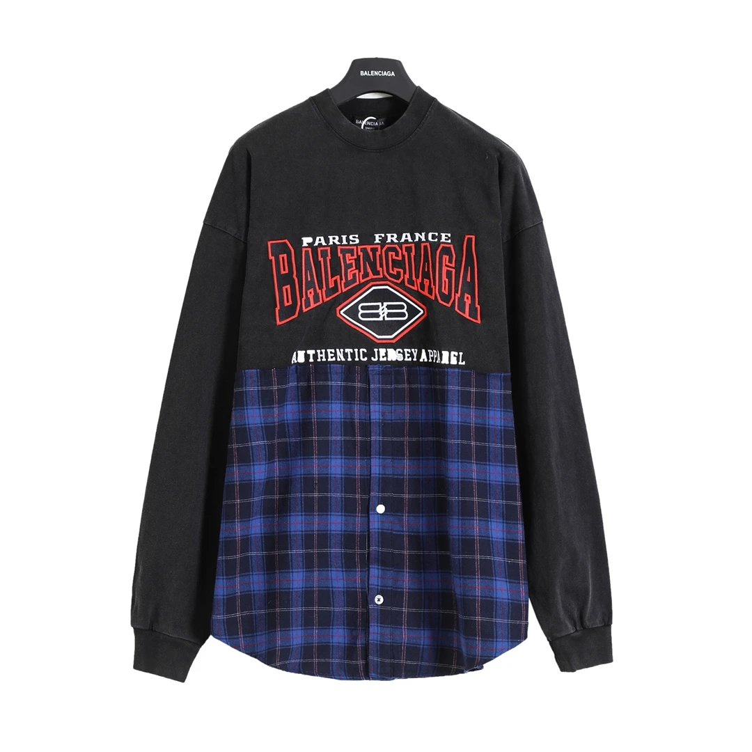 Balenciaga Hoodie 24FW Batman Embroidered Patchwork Plaid Fake Two-Piece Long Sleeve T Unisex T-Shirt Jacket