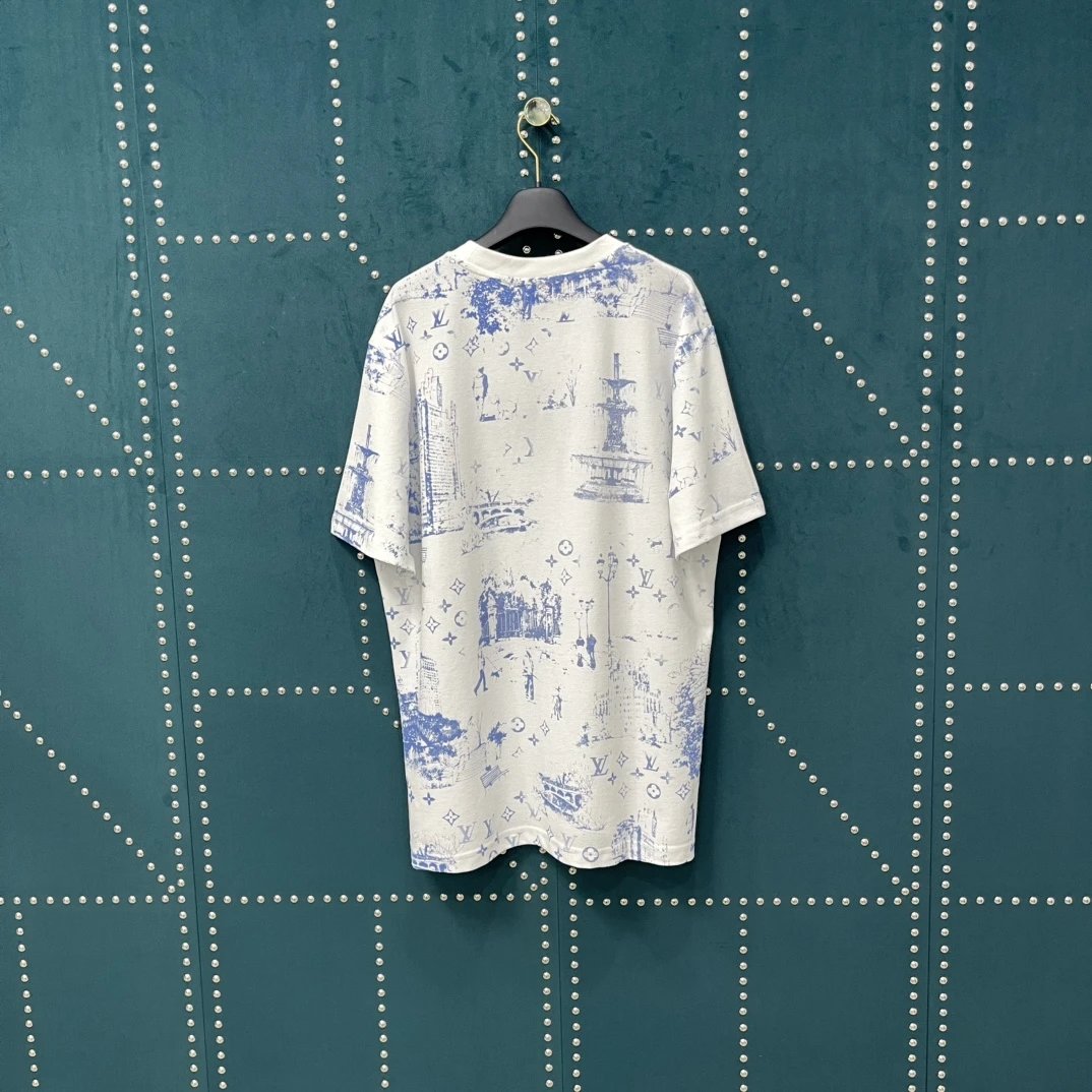 Louis Vuitton LV T-shirt Full Print Street Stroll Print logo round Neck Short Sleeve25ss New pure cotton T Unisex T-Shirt OS Loose Fit Base Shirt Top Half Sleeve T-Shirt