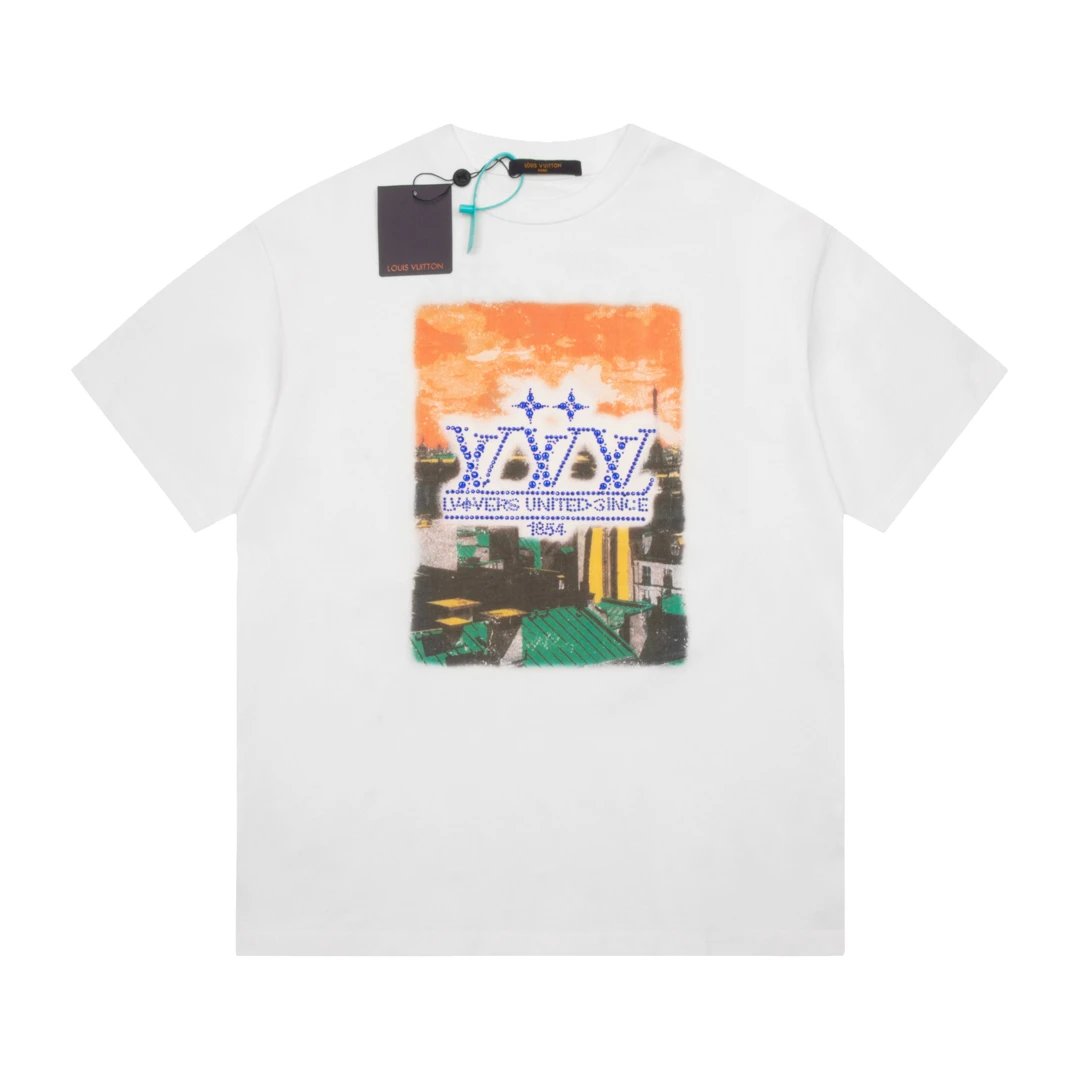 Louis Vuitton LV T-shirt Dusk Rooftop Rhinestone Embroidery logo round Neck Short Sleeve25ss New pure cotton T Unisex T-Shirt OS Loose Fit Base Shirt Top Half Sleeve T-Shirt