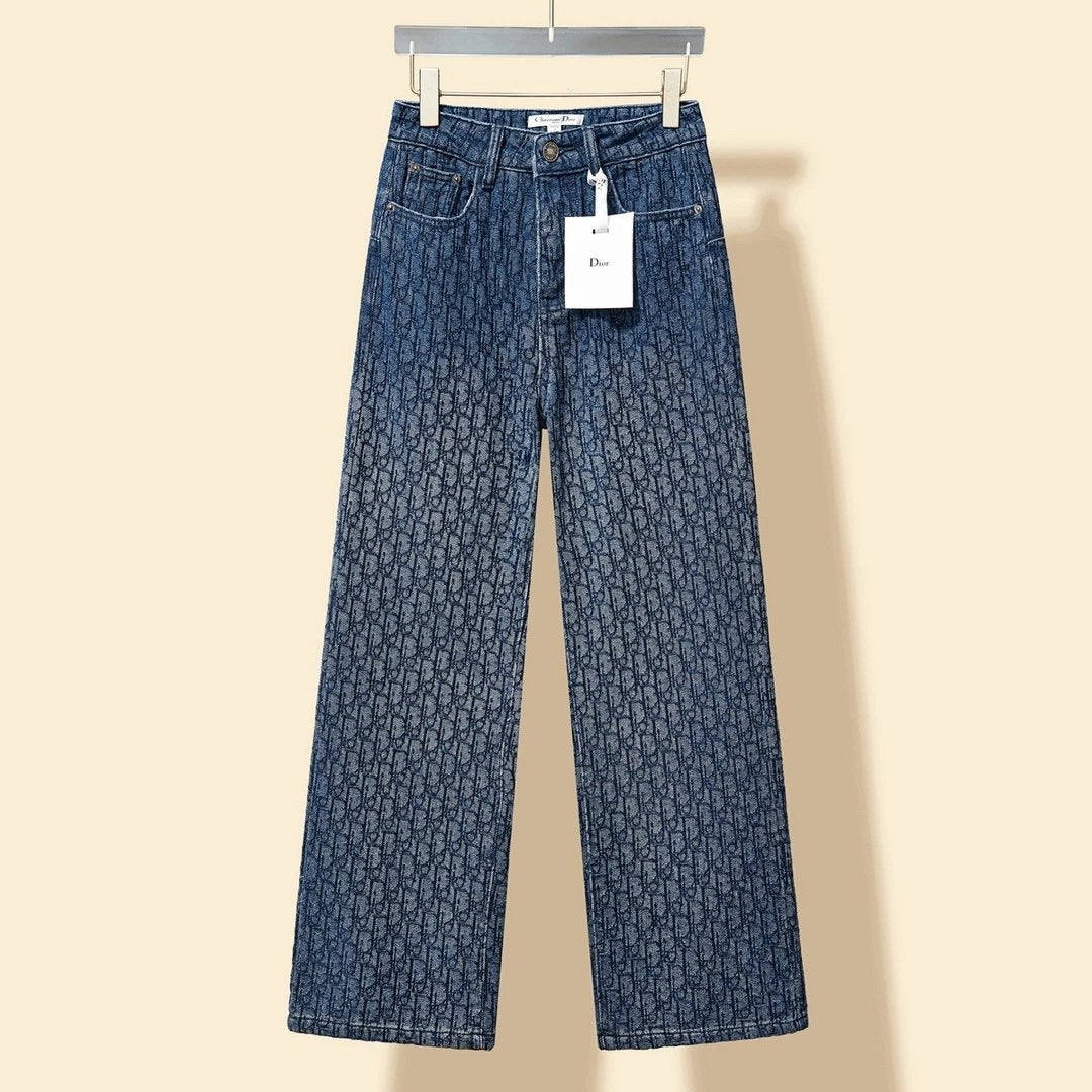 Dior Jeans Gradient Full Print Straight Leg Jeans Long Pants Women Versatile Casual
