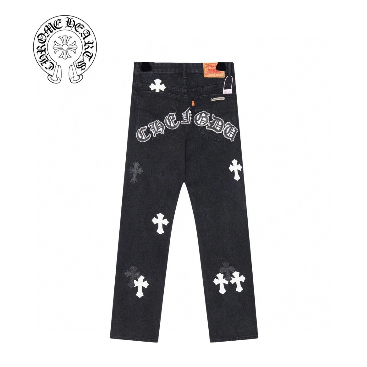 Chrome Hearts Jeans Black Pink Featured Letters and Cross Leather Patchwork logo25ss Spring Summer New Straight Loose Jeans Unisex Slim Fit Long Pants