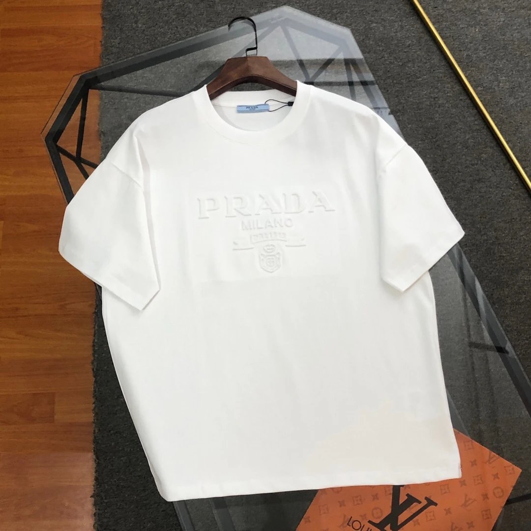 PRADA T-shirt 3D Embossed logo round Neck Short Sleeve25ss New Pure Cotton Unisex Style T Casual T-Shirt Base Layer Shirt OS Loose design