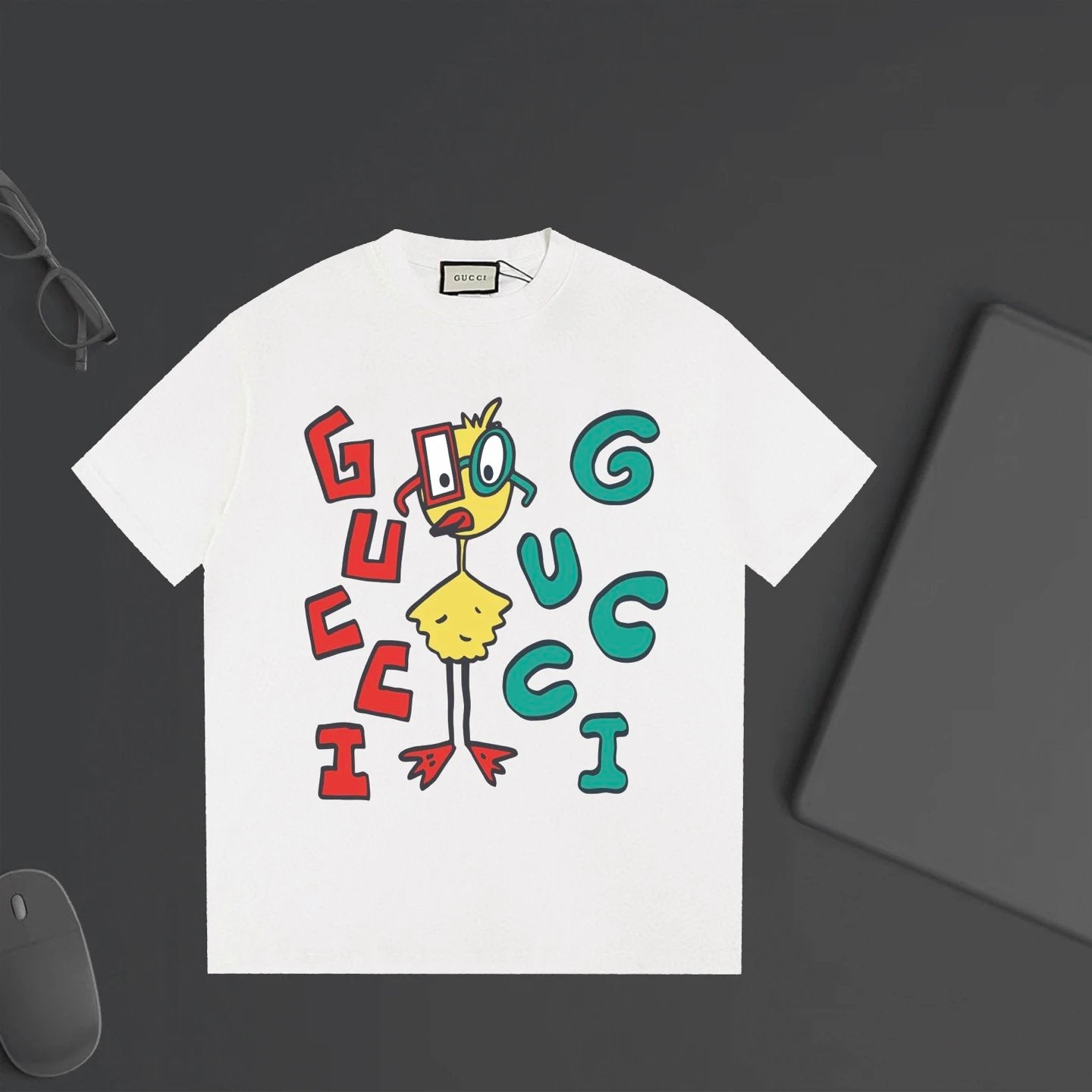 Gucci T-shirt Cartoon Letter Print on the Chest logo round Neck Short Sleeve25ss New Pure Cotton Unisex Style T Casual T-Shirt Base Layer Shirt OS Loose Fit Half Sleeve Top Plus Size