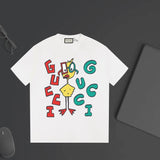 Gucci T-shirt Cartoon Letter Print on the Chest logo round Neck Short Sleeve25ss New Pure Cotton Unisex Style T Casual T-Shirt Base Layer Shirt OS Loose Fit Half Sleeve Top Plus Size
