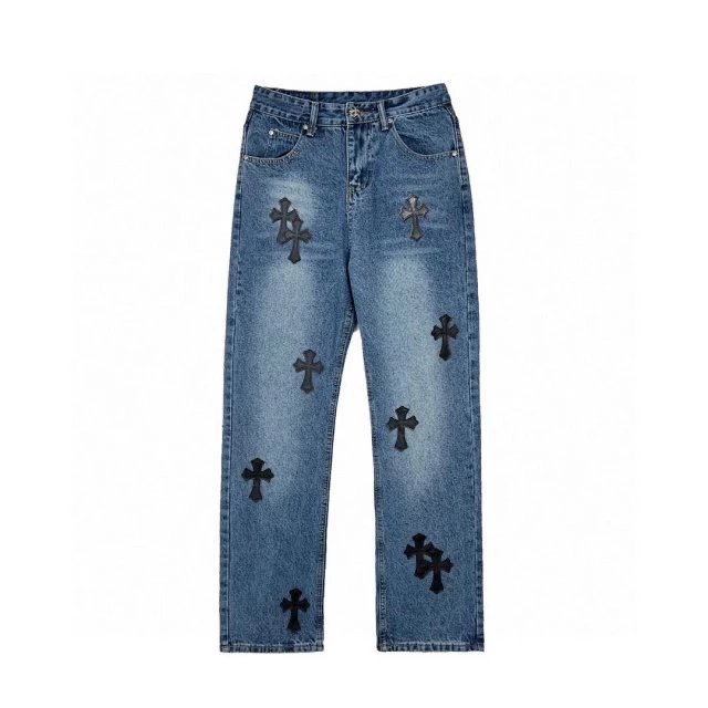 Chrome Hearts Jeans Top Version Straight Cross Jeans Women Retro Leisure Washed-out High Waist Wide Leg Pants