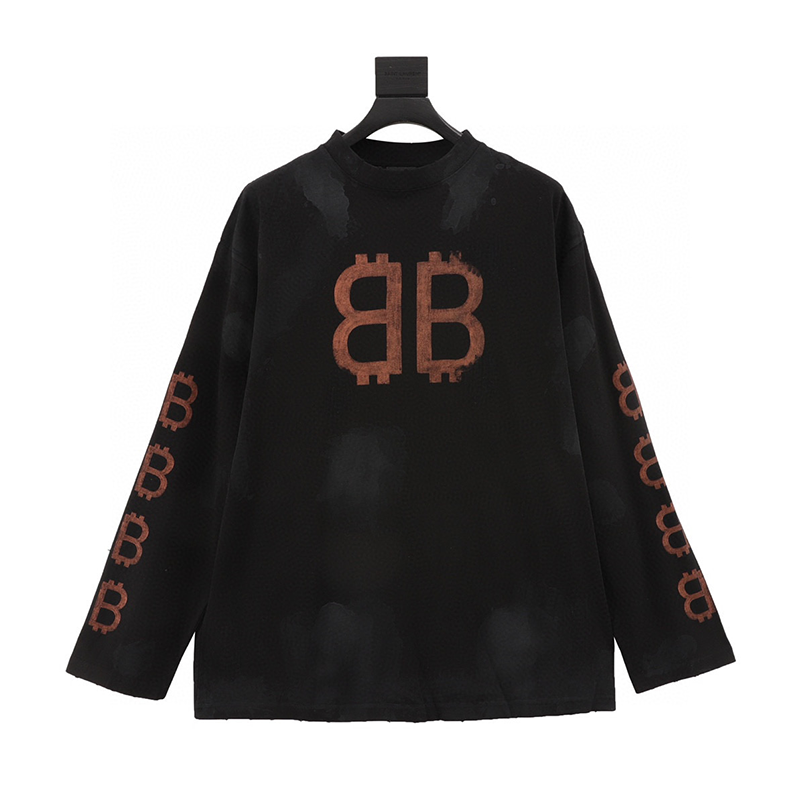 Balenciaga Hoodie Double B Heavy Industry Washed Hand Painted Distressed Bitcoin Long Sleeve T T-shirt for Men and Women