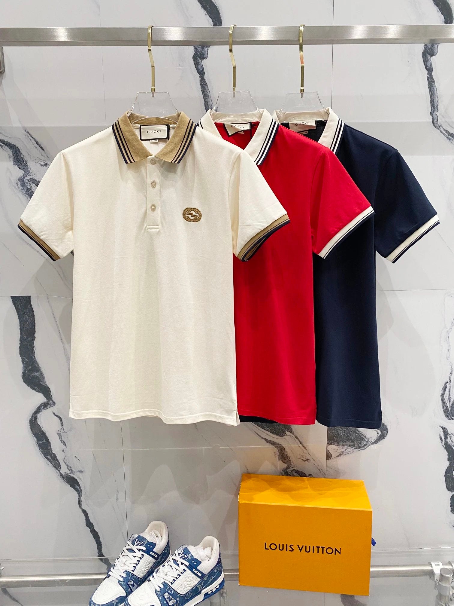Gucci T-shirt Striped Contrast Color Neckline GG Letters LOGO Small Embroidery POLO Short Sleeve Turn-down Collar Shirt Unisex Summer Solid Color Loose Fit T Business Commuter Short Sleeve Shirt Plus Size T-Shirt