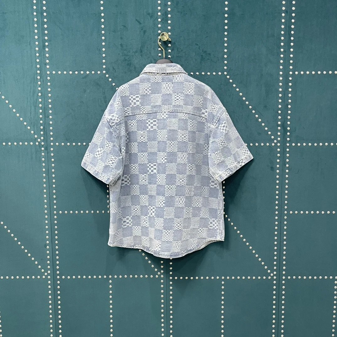 Louis Vuitton LV Shirt Full Print Checkerboard Jacquard logo Shijia Turn-down Collar Short Sleeve Shirt Unisex Versatile Business Casual Slim Fit Jacket