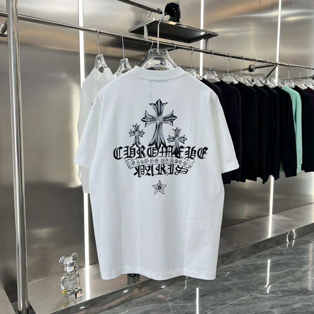 Chrome Hearts T-shirt Hand-drawn Graffiti logo Round Neck Short Sleeve Pure Cotton Unisex T T-shirt OS Loose Fit T-Shirt Casual Simple Base Shirt
