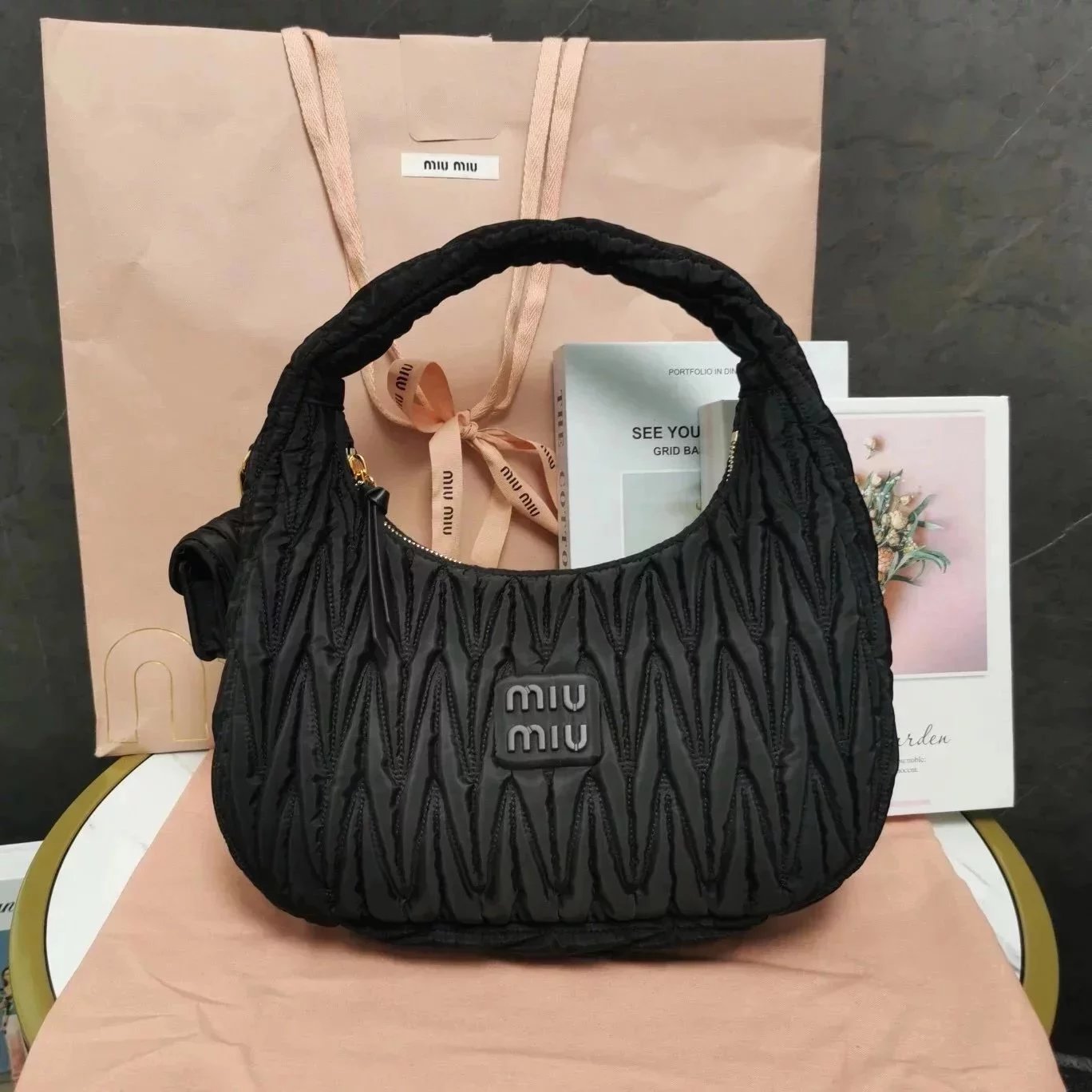 Miu Miu Bag Top version Original High Version22New Bag MiuWander Handbag Underarm Bag MiuMiu Bag Nylon Cloth Parachute Water-Repellent Cloth Women's Bag Shoulder Bag Underarm Bag