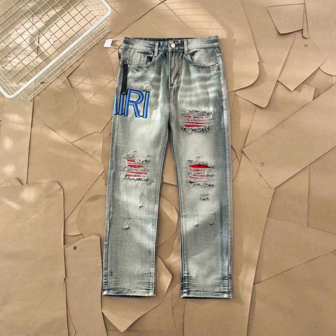 Amiri Jeans Front and back letter embroidery logo25ss Spring Summer New Straight Slim Fit Jeans Unisex Loose Fit Long Pants