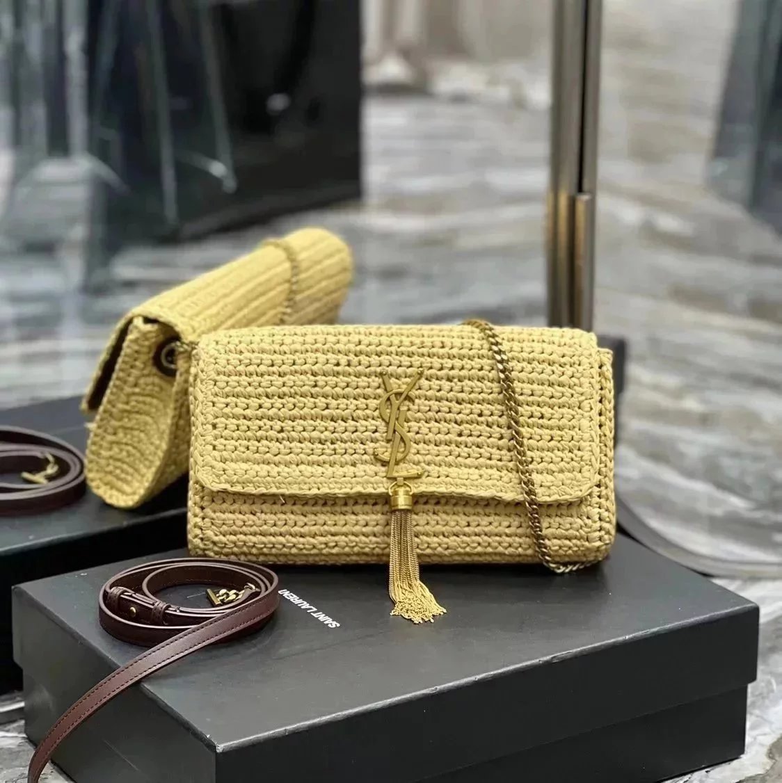 YSL Women's Bag Top version 【New Shelves】New Raffia Woven Bag kate Tassel Bag Underarm Bag Crossbody Shoulder Bag Clutch Latest Woven Bag604276