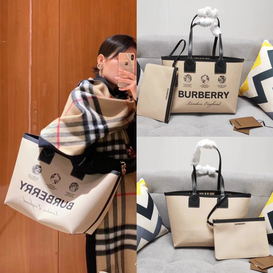 Burberry Women's Bag Top version Original Quality Large Capacity Shopping Bag TheBelt Canvas Tote Bag Mother and Child Bag Shopping Bag Shoulder Handbag Women's Bag
