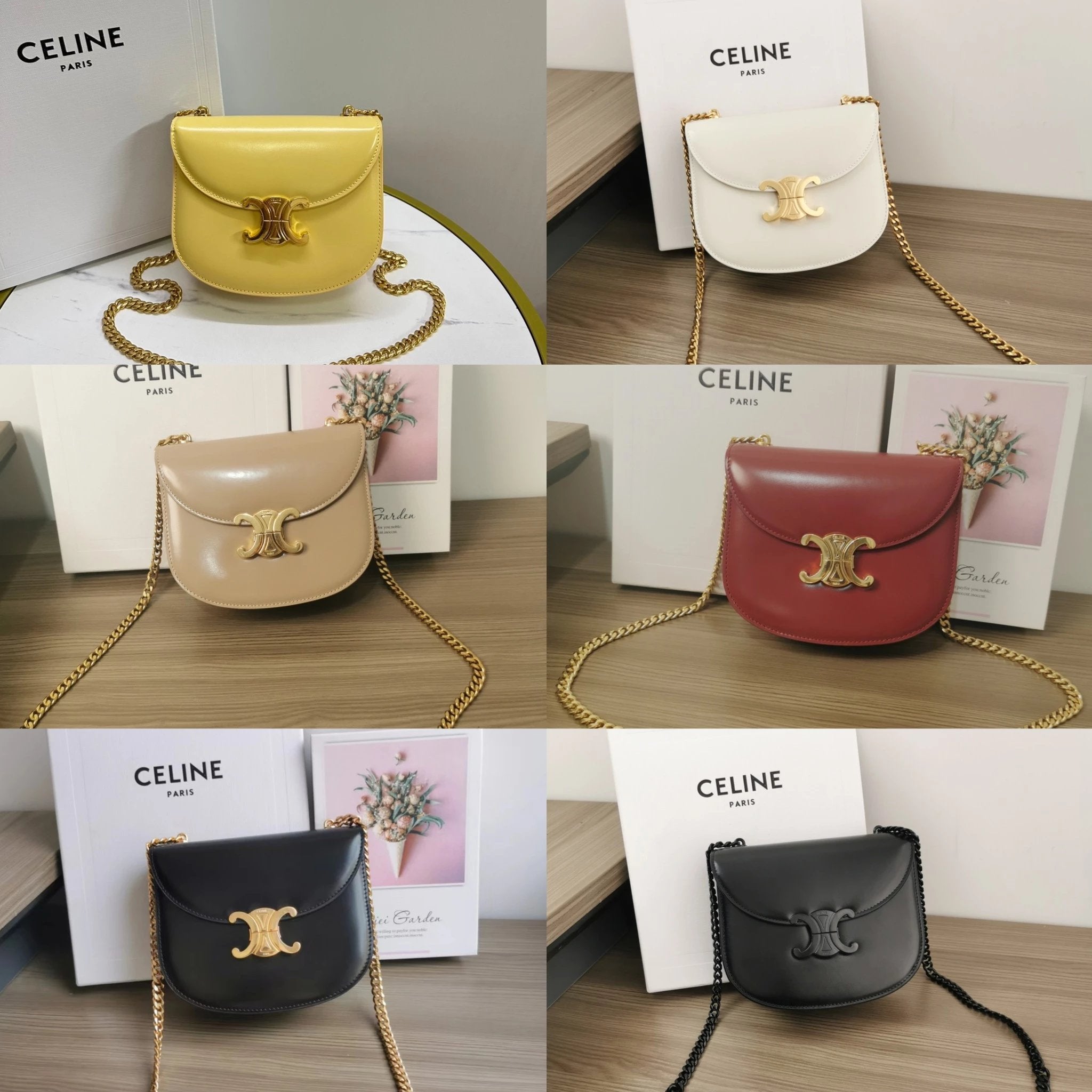 Celine women's bag Top version 【Original Leather Quality】2022Winter New Chain Saddle Bag TEENBESATRIOMPHE Early Autumn New Arc De Triomphe Saddle Bag Shoulder Chain Bag Crossbody Bag Classic Triumph Door Latch Metal110973