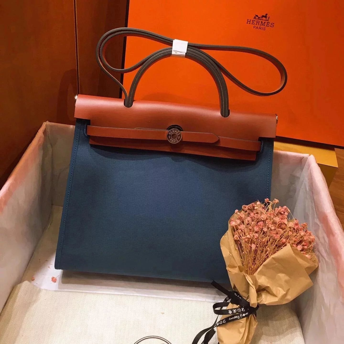 Hermes men's bag Top version 【H Handmade】Canvas Bag herbag31Canvas Stitching Leather One Shoulder Women's Crossbody Handbag Elephant Gray Electric Light Blue