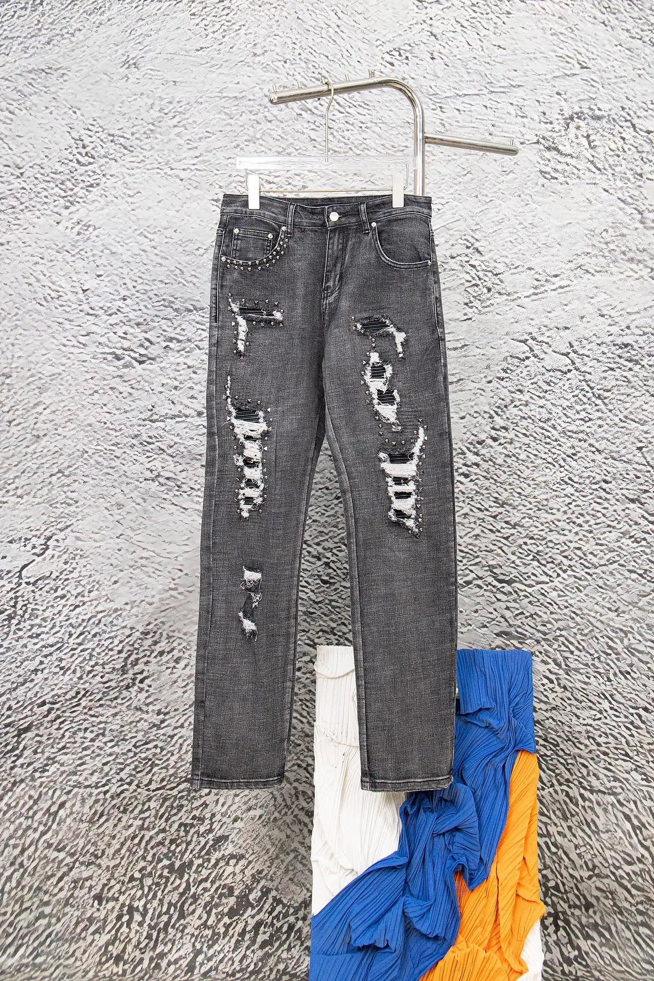 Amiri Jeans Large Hole Patchwork Leather Black Slim Fit Washed Rivet Straight Leg Washed Blue Jeans Autumn Winter New Unisex Loose Casual Wide Leg High Waist Pants