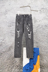 Amiri Jeans Large Hole Patchwork Leather Black Slim Fit Washed Rivet Straight Leg Washed Blue Jeans Autumn Winter New Unisex Loose Casual Wide Leg High Waist Pants