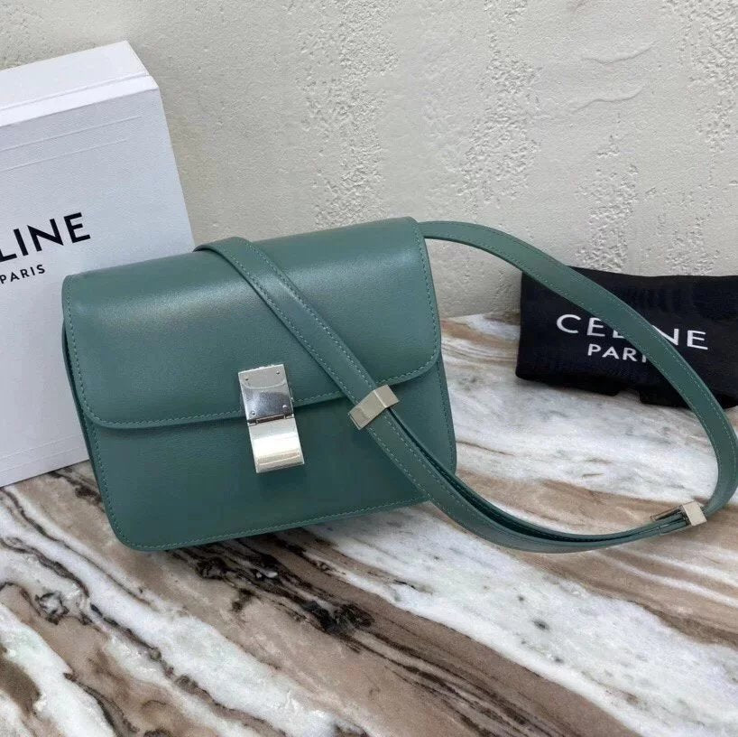 Celine women's bag Top version 【Original Leather】Classic ClassicBox Bag Teen Square Bag Stewardess Bag Box Bag Toothpick Pattern Cowhide Crossbody Women's Bag18.5cmTeenbox Bag