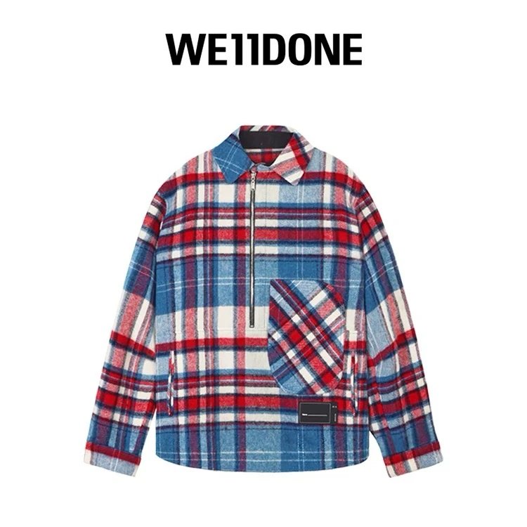 We11done Shirt Top Version Half Zipper Wool Plaid Striped Baggy Coat Shirt for Men and Women